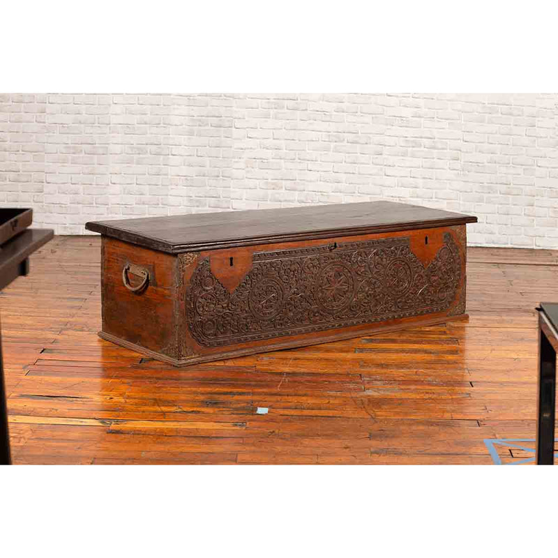 Late 19th Century Coffer from Sumatra with Carved Motifs and Iron Hardware