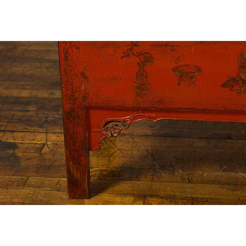 Chinese Qing Dynasty 19th Century Red Lacquer Cabinet with Gold Chinoiseries