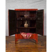 Chinese Qing Dynasty 19th Century Red Lacquer Cabinet with Gold Chinoiseries