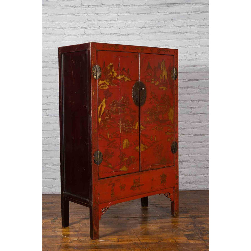 Chinese Qing Dynasty 19th Century Red Lacquer Cabinet with Gold Chinoiseries