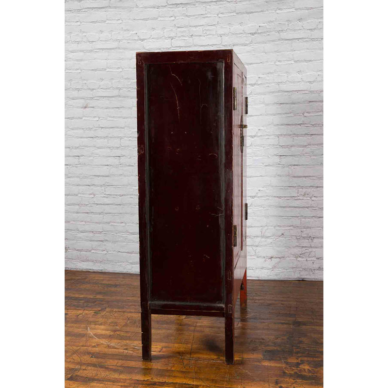 Chinese Qing Dynasty 19th Century Red Lacquer Cabinet with Gold Chinoiseries