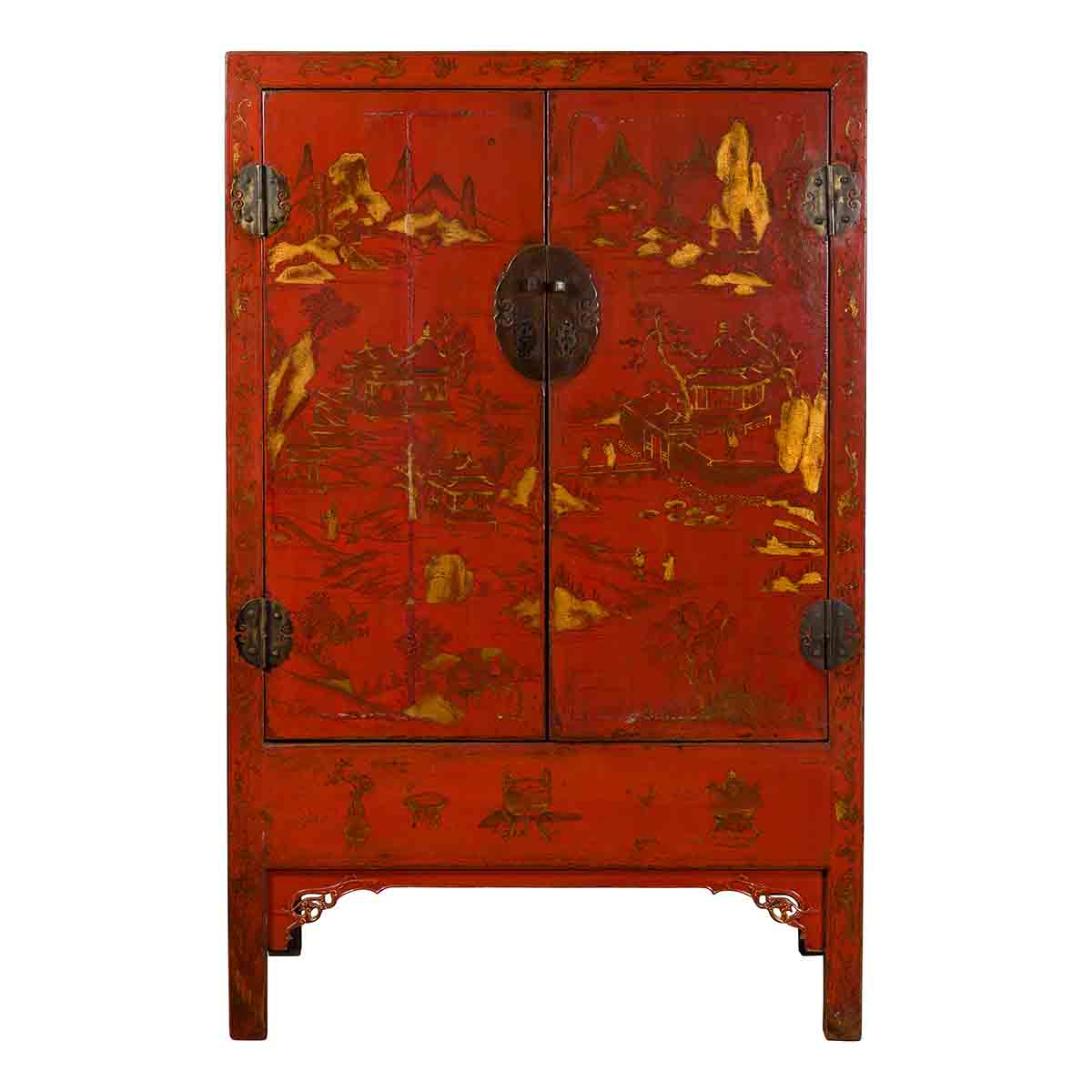 Chinese Qing Dynasty 19th Century Red Lacquer Cabinet with Gold Chinoiseries-1. Asian & Chinese Furniture, Art, Antiques, Vintage Home Décor for sale at FEA Home