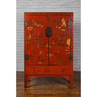 Chinese Qing Dynasty 19th Century Red Lacquer Cabinet with Gold Chinoiseries