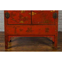 Chinese Qing Dynasty 19th Century Red Lacquer Cabinet with Gold Chinoiseries