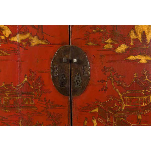 Chinese Qing Dynasty 19th Century Red Lacquer Cabinet with Gold Chinoiseries