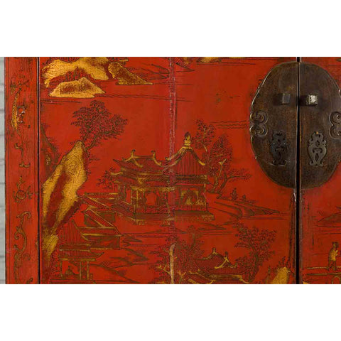 Chinese Qing Dynasty 19th Century Red Lacquer Cabinet with Gold Chinoiseries