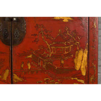 Chinese Qing Dynasty 19th Century Red Lacquer Cabinet with Gold Chinoiseries