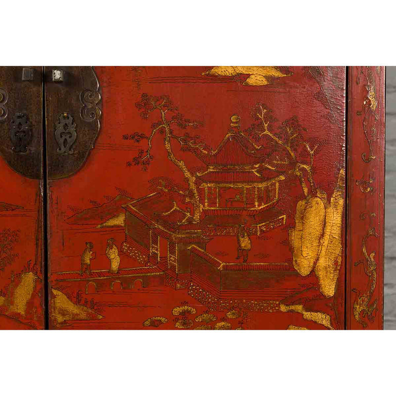 Chinese Qing Dynasty 19th Century Red Lacquer Cabinet with Gold Chinoiseries
