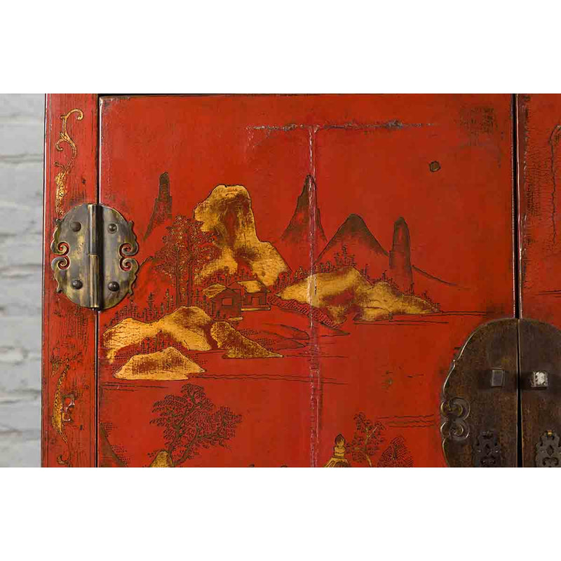 Chinese Qing Dynasty 19th Century Red Lacquer Cabinet with Gold Chinoiseries
