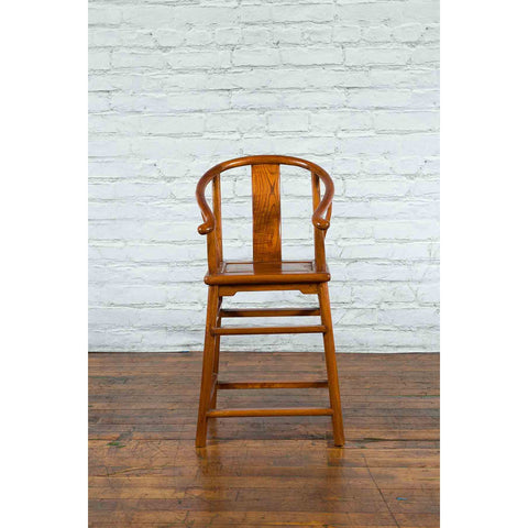 Small Vintage Chinese Horseshoe Back Chair with Wooden Seat and Side Stretchers
