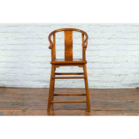 Small Vintage Chinese Horseshoe Back Chair with Wooden Seat and Side Stretchers