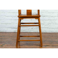 Small Vintage Chinese Horseshoe Back Chair with Wooden Seat and Side Stretchers
