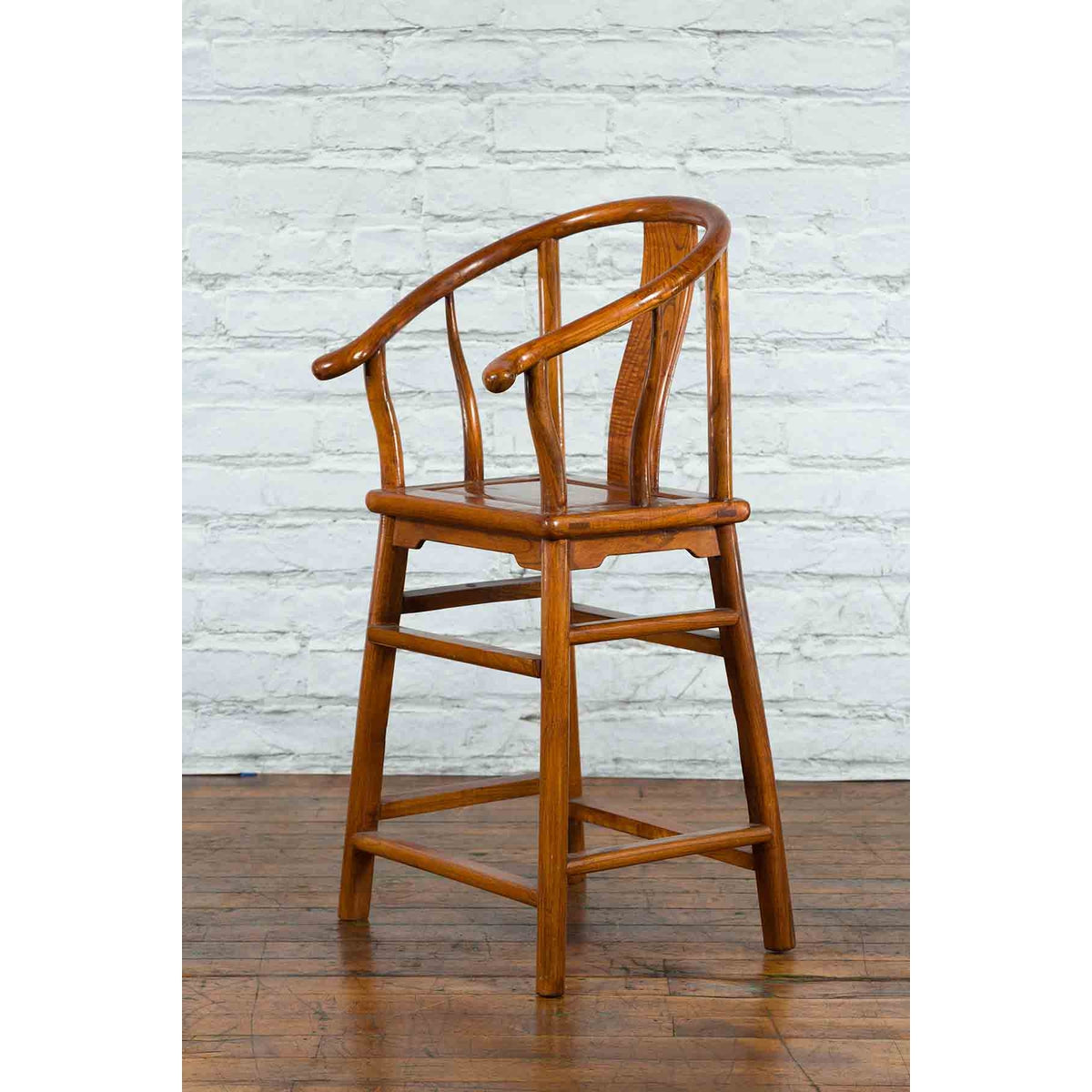Small Vintage Chinese Horseshoe Back Chair with Wooden Seat and Side Stretchers-3. Asian &amp; Chinese Furniture, Art, Antiques, Vintage Home Décor for sale at FEA Home