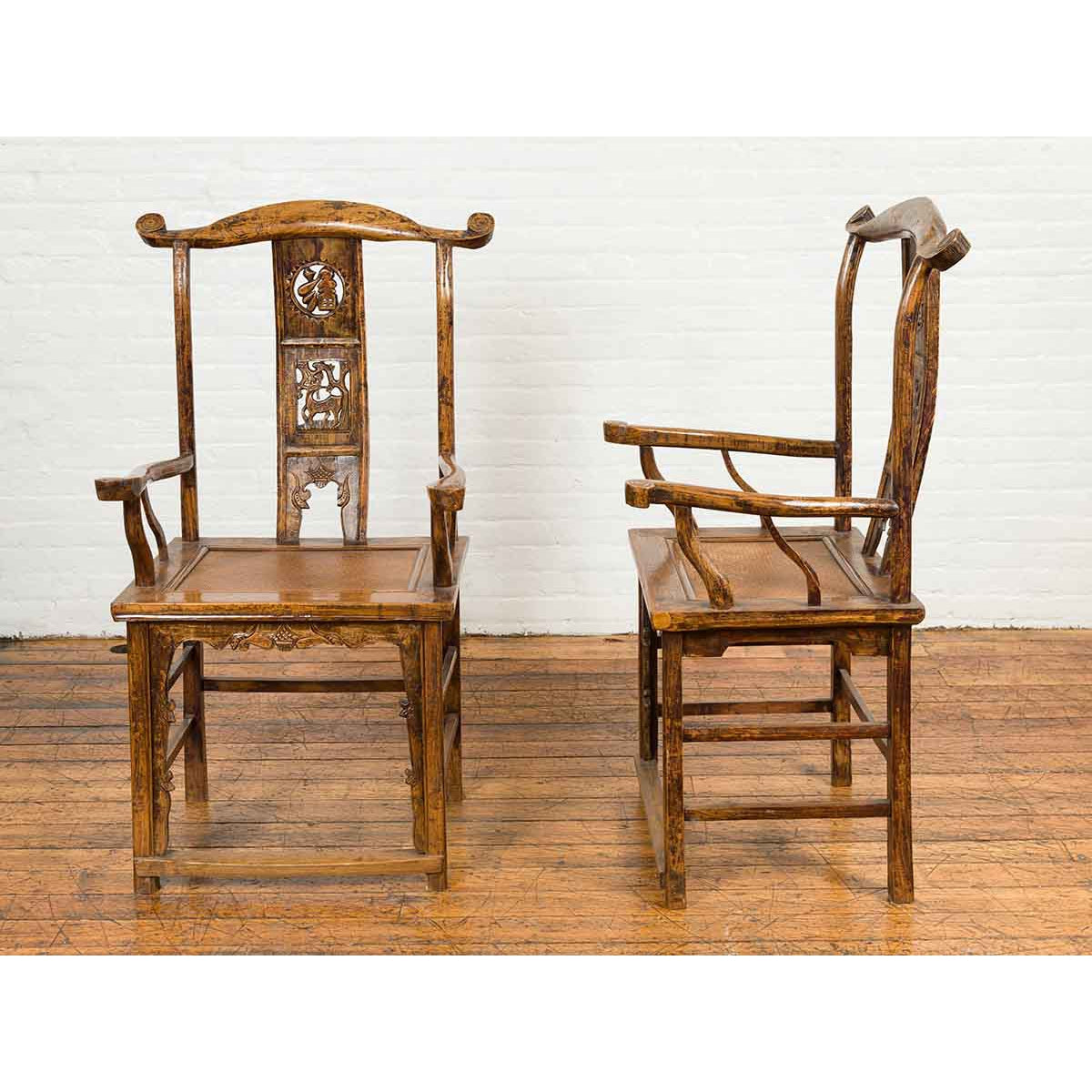 Pair of Chinese Qing Dynasty 19th Century Yoke Back Armchairs with Rattan Seats-6. Asian &amp; Chinese Furniture, Art, Antiques, Vintage Home Décor for sale at FEA Home