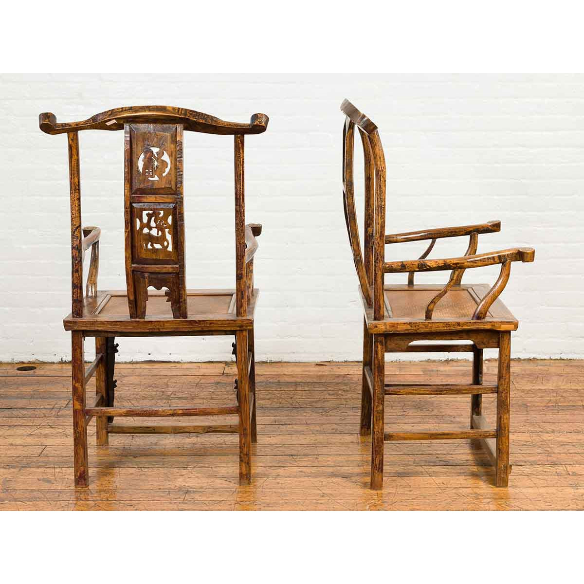 Pair of Chinese Qing Dynasty 19th Century Yoke Back Armchairs with Rattan Seats-5. Asian &amp; Chinese Furniture, Art, Antiques, Vintage Home Décor for sale at FEA Home