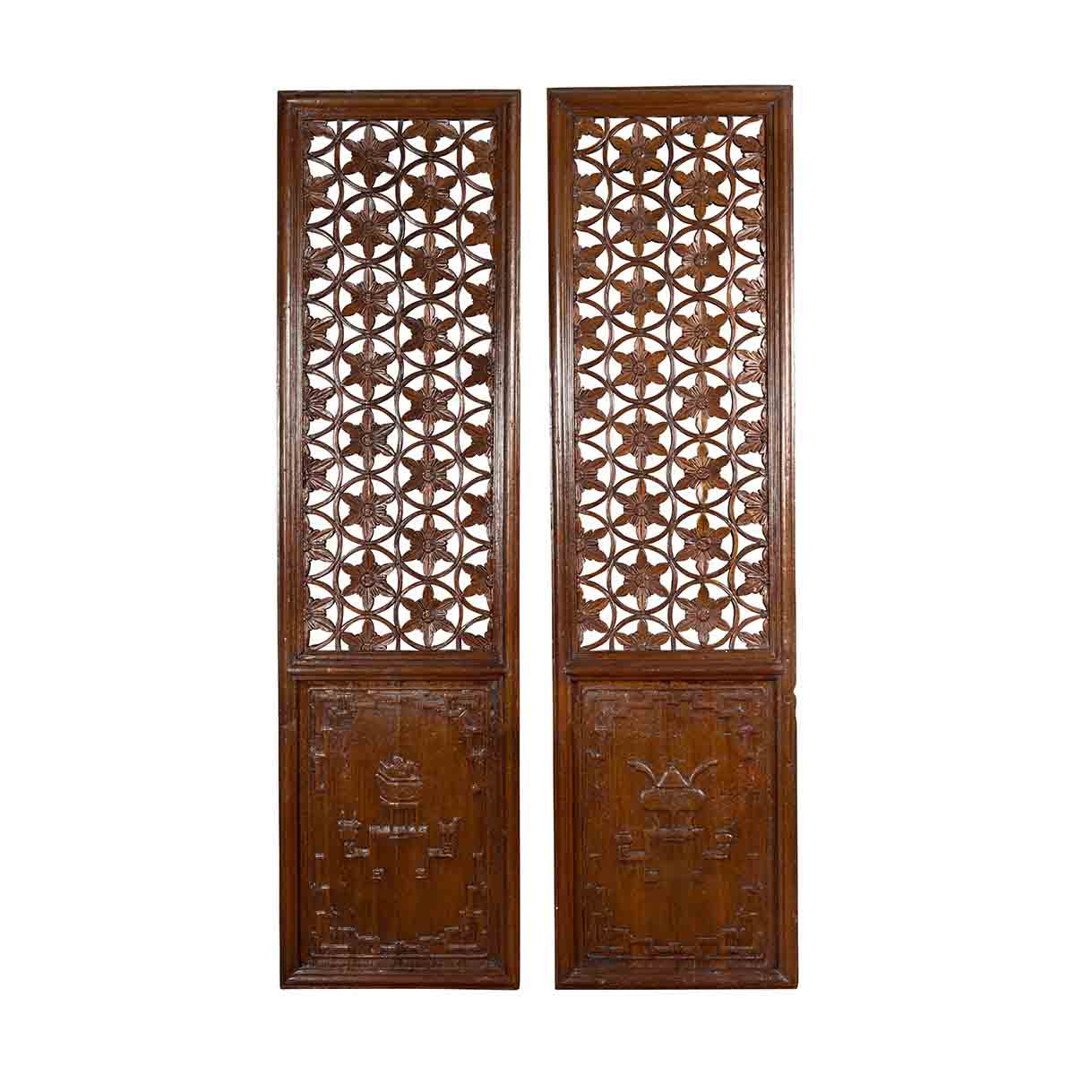 Pair of 19th Century Chinese Wooden Panels with Floral Motifs and Carved Objects-1. Asian & Chinese Furniture, Art, Antiques, Vintage Home Décor for sale at FEA Home