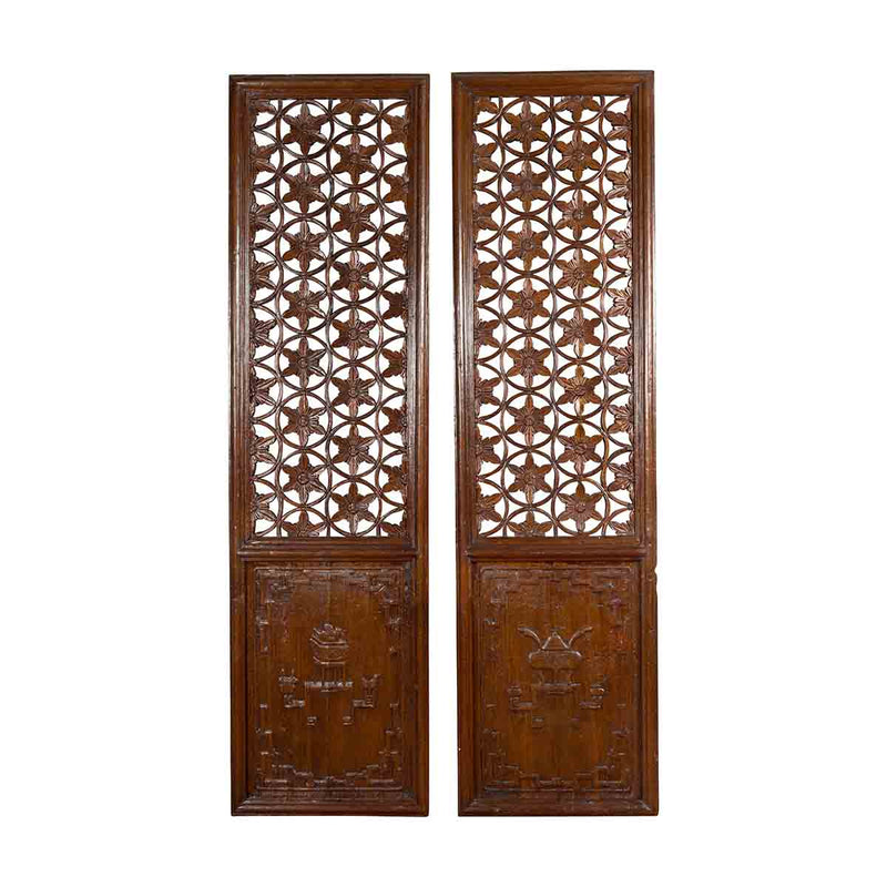 Pair of 19th Century Chinese Wooden Panels with Floral Motifs and Carved Objects-YN1817-1. Asian & Chinese Furniture, Art, Antiques, Vintage Home Décor for sale at FEA Home