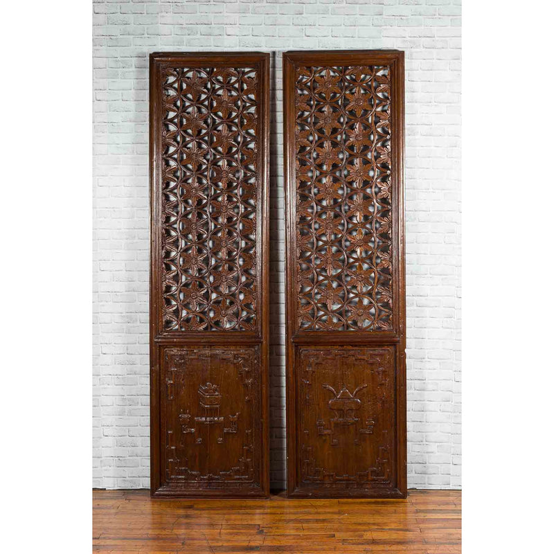 Pair of 19th Century Chinese Wooden Panels with Floral Motifs and Carved Objects-YN1817-2. Asian & Chinese Furniture, Art, Antiques, Vintage Home Décor for sale at FEA Home