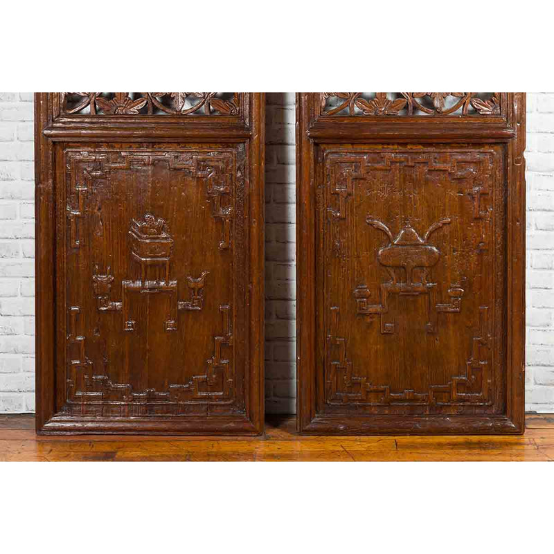 Pair of 19th Century Chinese Wooden Panels with Floral Motifs and Carved Objects-YN1817-6. Asian & Chinese Furniture, Art, Antiques, Vintage Home Décor for sale at FEA Home