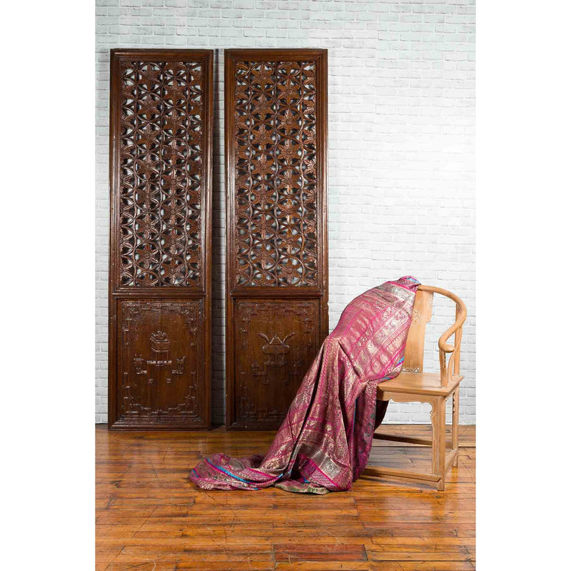 Pair of 19th Century Chinese Wooden Panels with Floral Motifs and Carved Objects-YN1817-3. Asian & Chinese Furniture, Art, Antiques, Vintage Home Décor for sale at FEA Home