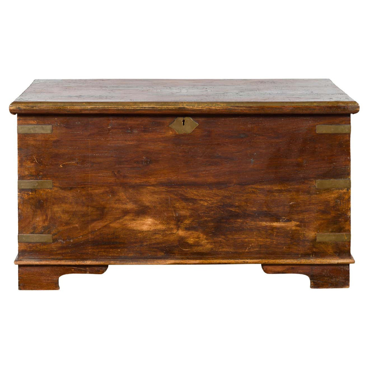 Indian 19th Century Wooden Trunk with Brass Inlay and Bracket Feet-1. Asian & Chinese Furniture, Art, Antiques, Vintage Home Décor for sale at FEA Home
