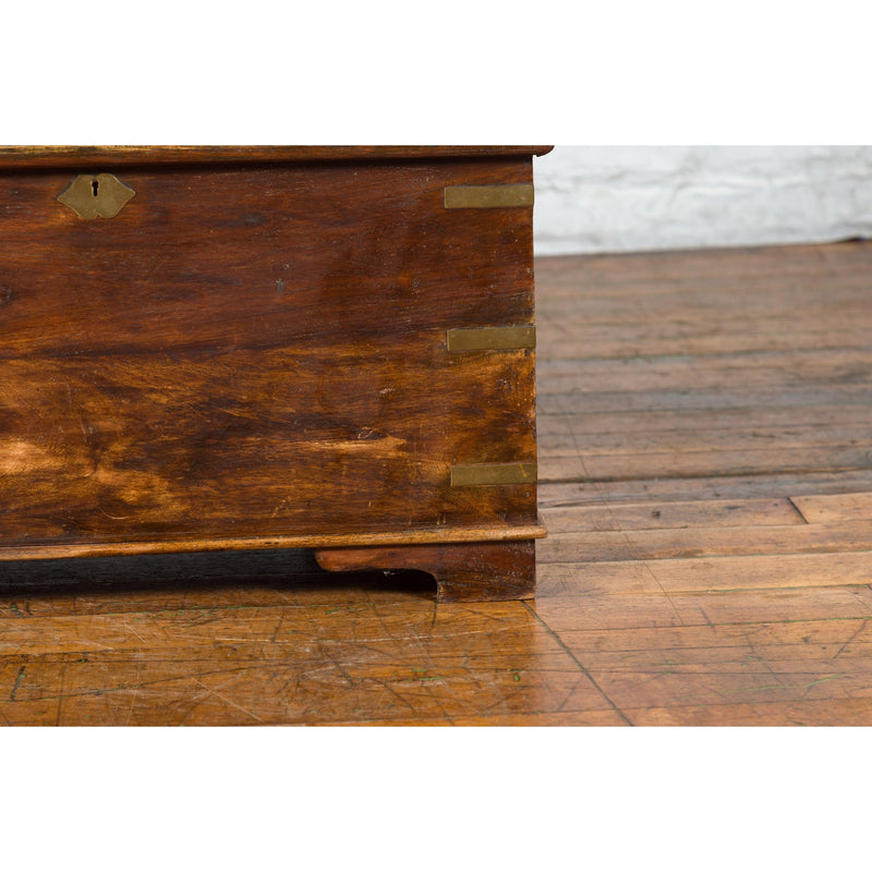 Indian 19th Century Wooden Trunk with Brass Inlay and Bracket Feet - Antique Chinese and Vintage Asian Furniture for Sale at FEA Home