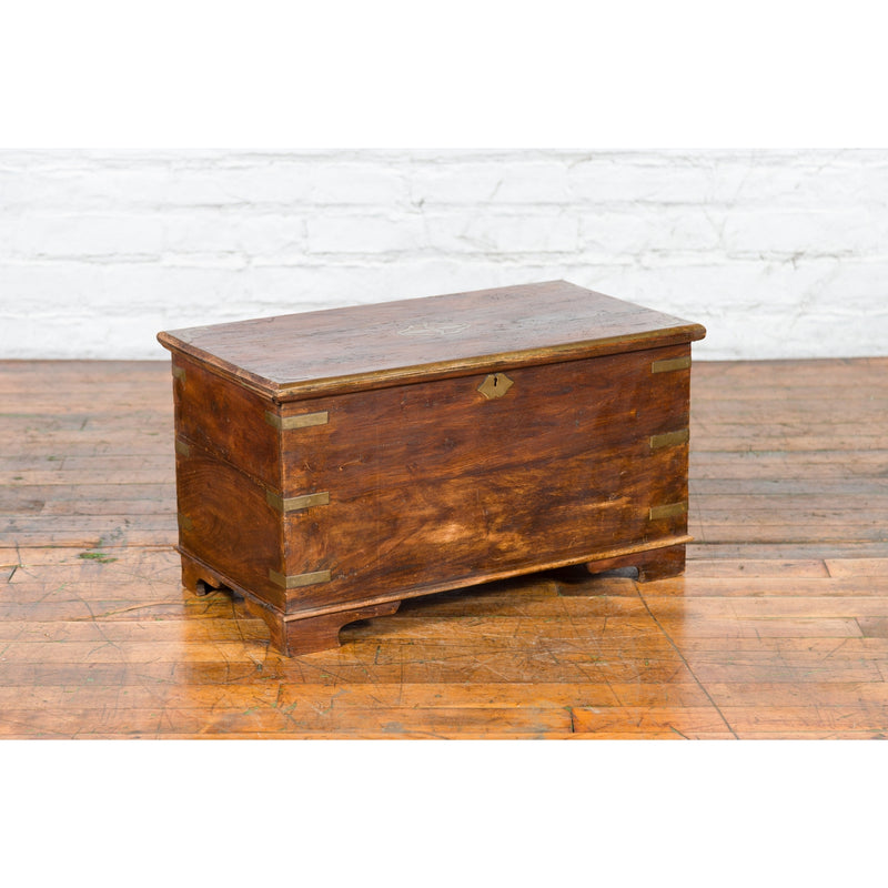 Indian 19th Century Wooden Trunk with Brass Inlay and Bracket Feet-YN1842-13. Asian & Chinese Furniture, Art, Antiques, Vintage Home Décor for sale at FEA Home