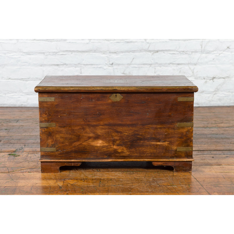 Indian 19th Century Wooden Trunk with Brass Inlay and Bracket Feet - Antique Chinese and Vintage Asian Furniture for Sale at FEA Home