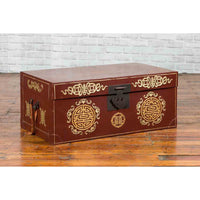 Vintage Chinese Red Blanket Chest with Gold Details and Calligraphy Motifs