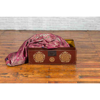 Vintage Chinese Red Blanket Chest with Gold Details and Calligraphy Motifs