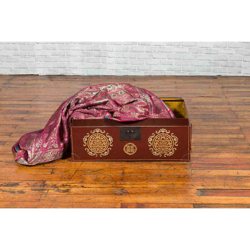 Vintage Chinese Red Blanket Chest with Gold Details and Calligraphy Motifs-YN1847-4. Asian & Chinese Furniture, Art, Antiques, Vintage Home Décor for sale at FEA Home