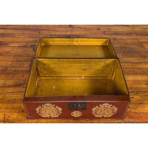 Vintage Chinese Red Blanket Chest with Gold Details and Calligraphy Motifs-YN1847-12. Asian & Chinese Furniture, Art, Antiques, Vintage Home Décor for sale at FEA Home