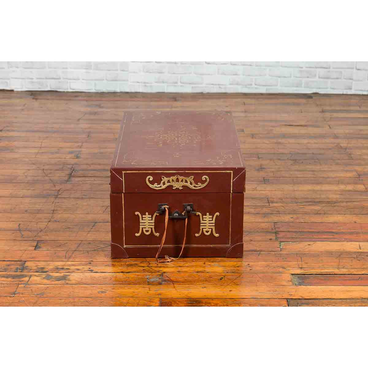 Vintage Chinese Red Blanket Chest with Gold Details and Calligraphy Motifs-13. Asian &amp; Chinese Furniture, Art, Antiques, Vintage Home Décor for sale at FEA Home