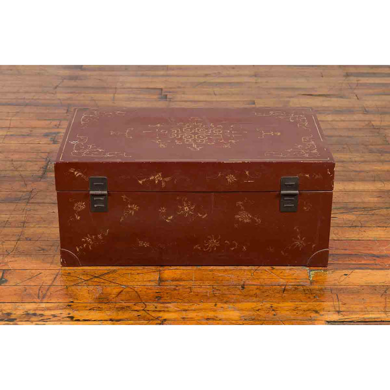 Vintage Chinese Red Blanket Chest with Gold Details and Calligraphy Motifs-YN1847-14. Asian & Chinese Furniture, Art, Antiques, Vintage Home Décor for sale at FEA Home