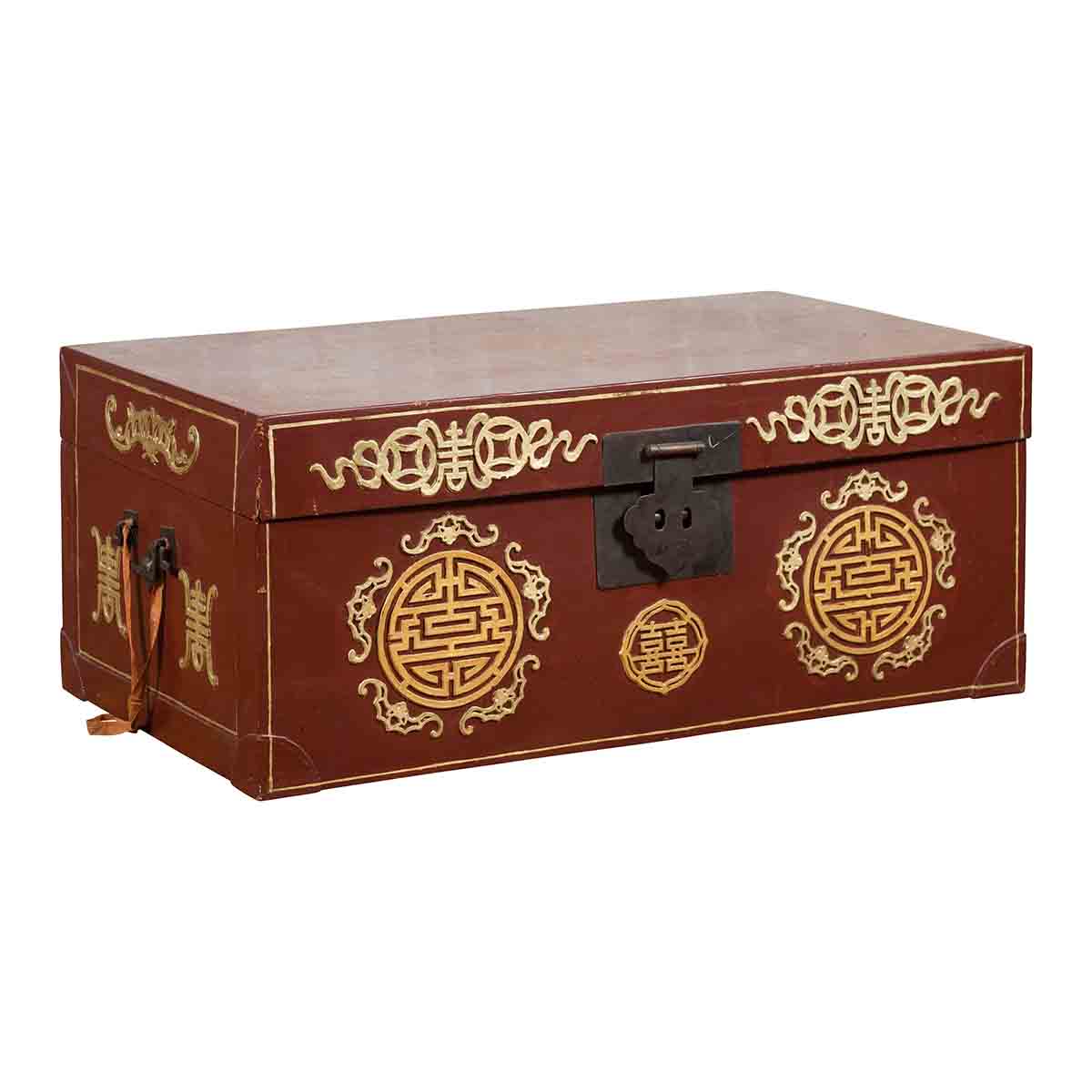 Vintage Chinese Red Blanket Chest with Gold Details and Calligraphy Motifs-1. Asian & Chinese Furniture, Art, Antiques, Vintage Home Décor for sale at FEA Home
