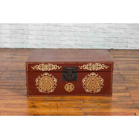 Vintage Chinese Red Blanket Chest with Gold Details and Calligraphy Motifs-YN1847-5. Asian & Chinese Furniture, Art, Antiques, Vintage Home Décor for sale at FEA Home