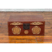 Vintage Chinese Red Blanket Chest with Gold Details and Calligraphy Motifs