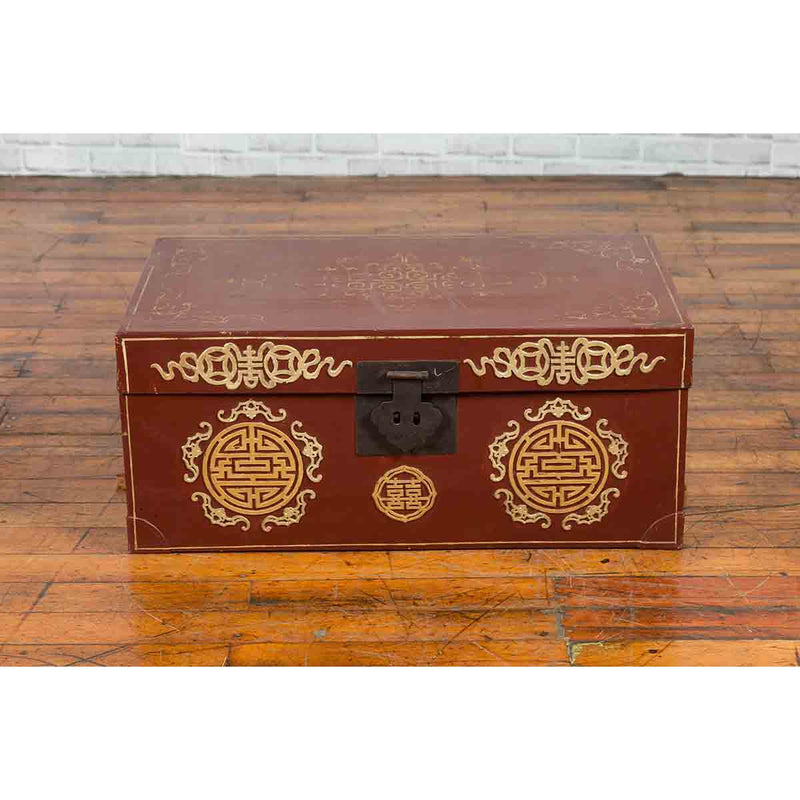 Vintage Chinese Red Blanket Chest with Gold Details and Calligraphy Motifs-YN1847-6. Asian & Chinese Furniture, Art, Antiques, Vintage Home Décor for sale at FEA Home