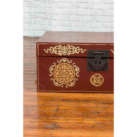 Vintage Chinese Red Blanket Chest with Gold Details and Calligraphy Motifs