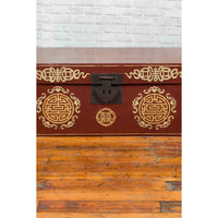 Vintage Chinese Red Blanket Chest with Gold Details and Calligraphy Motifs