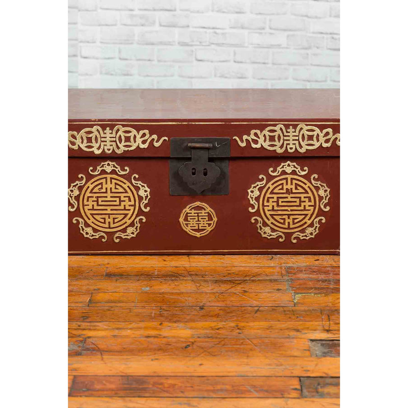 Vintage Chinese Red Blanket Chest with Gold Details and Calligraphy Motifs-YN1847-8. Asian & Chinese Furniture, Art, Antiques, Vintage Home Décor for sale at FEA Home