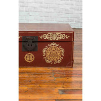 Vintage Chinese Red Blanket Chest with Gold Details and Calligraphy Motifs