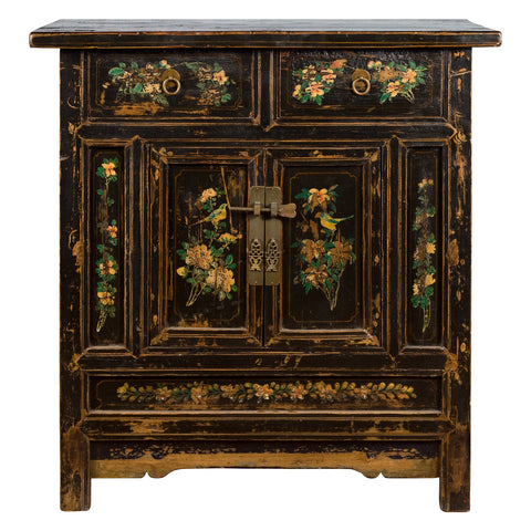 Chinese Qing Dynasty 19th Century Cabinet with Hand-Painted Floral Décor-YN1857-1. Asian & Chinese Furniture, Art, Antiques, Vintage Home Décor for sale at FEA Home