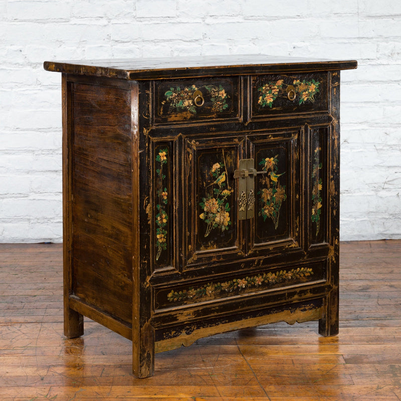 Chinese Qing Dynasty 19th Century Cabinet with Hand-Painted Floral Décor-YN1857-2. Asian & Chinese Furniture, Art, Antiques, Vintage Home Décor for sale at FEA Home