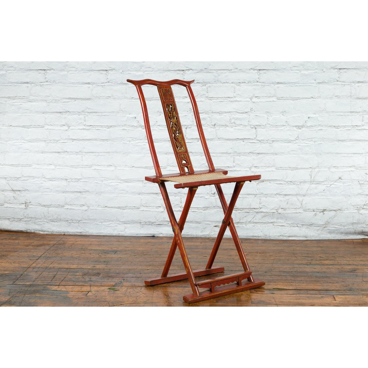 Chinese Early 20th Century Red Lacquer Traveller&#39;s Folding Chair with Woven Seat-10. Asian &amp; Chinese Furniture, Art, Antiques, Vintage Home Décor for sale at FEA Home