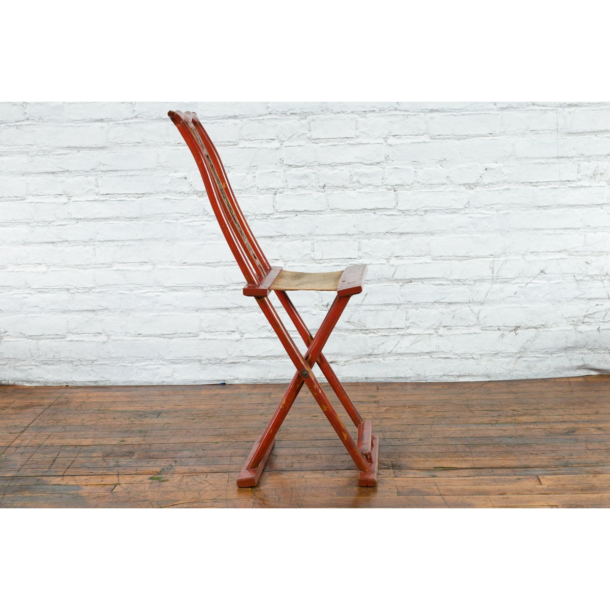 Chinese Early 20th Century Red Lacquer Traveller&#39;s Folding Chair with Woven Seat-11. Asian &amp; Chinese Furniture, Art, Antiques, Vintage Home Décor for sale at FEA Home