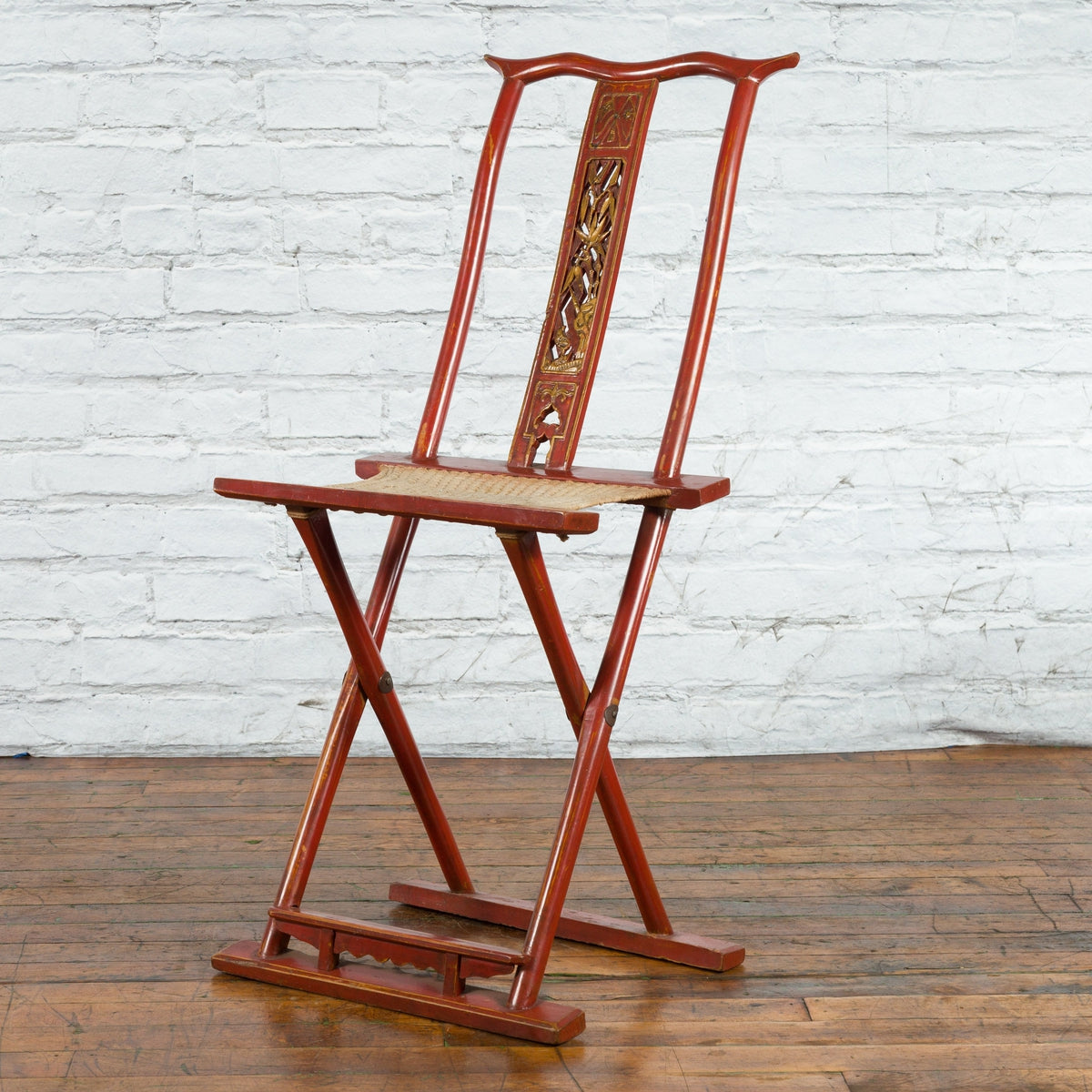 Chinese Early 20th Century Red Lacquer Traveller&#39;s Folding Chair with Woven Seat-14. Asian &amp; Chinese Furniture, Art, Antiques, Vintage Home Décor for sale at FEA Home
