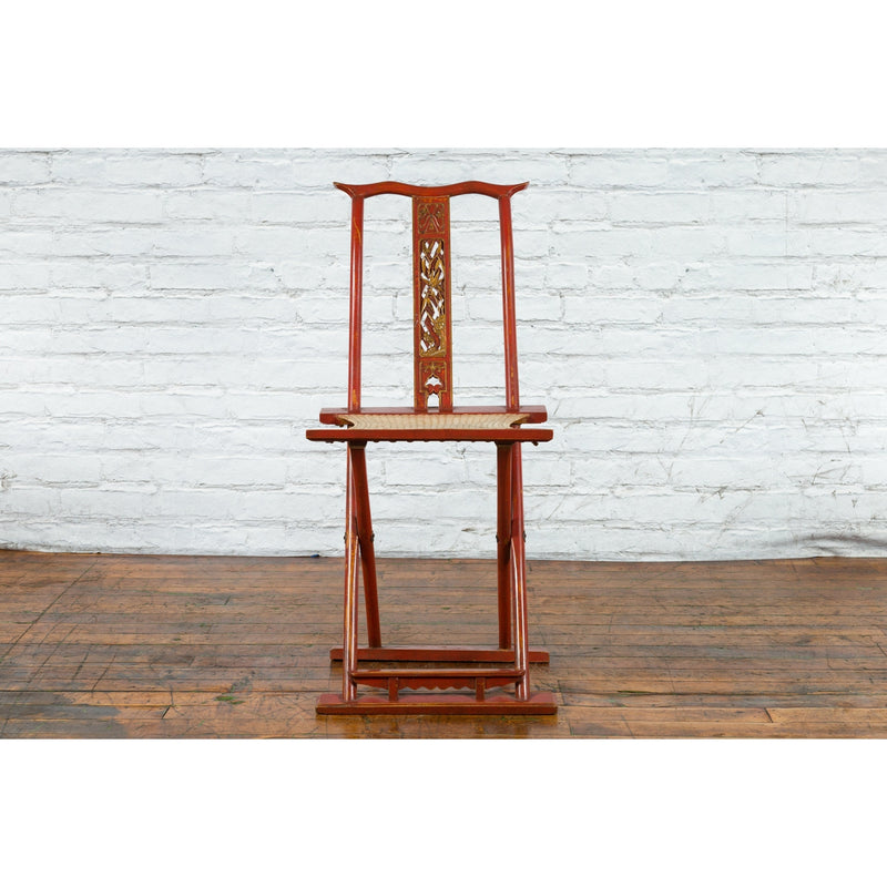 Chinese Early 20th Century Red Lacquer Traveller's Folding Chair with Woven Seat - Antique Chinese and Vintage Asian Furniture for Sale at FEA Home