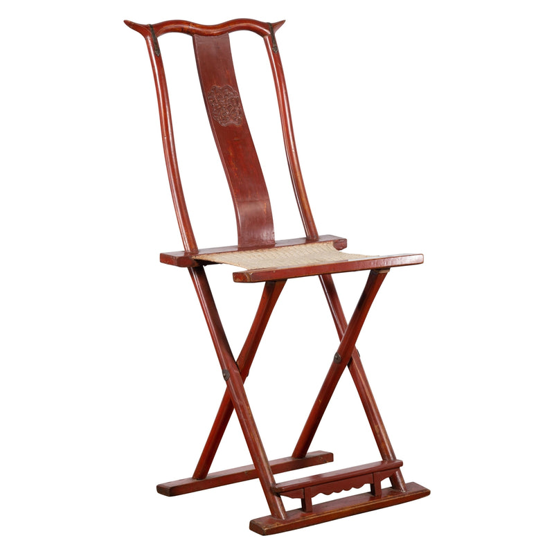 Chinese Early 20th Century Red Lacquer Traveller's Folding Chair with Woven Seat-1. Asian & Chinese Furniture, Art, Antiques, Vintage Home Décor for sale at FEA Home