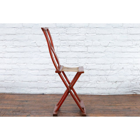 Chinese Early 20th Century Red Lacquer Traveller's Folding Chair with Woven Seat-11. Asian & Chinese Furniture, Art, Antiques, Vintage Home Décor for sale at FEA Home
